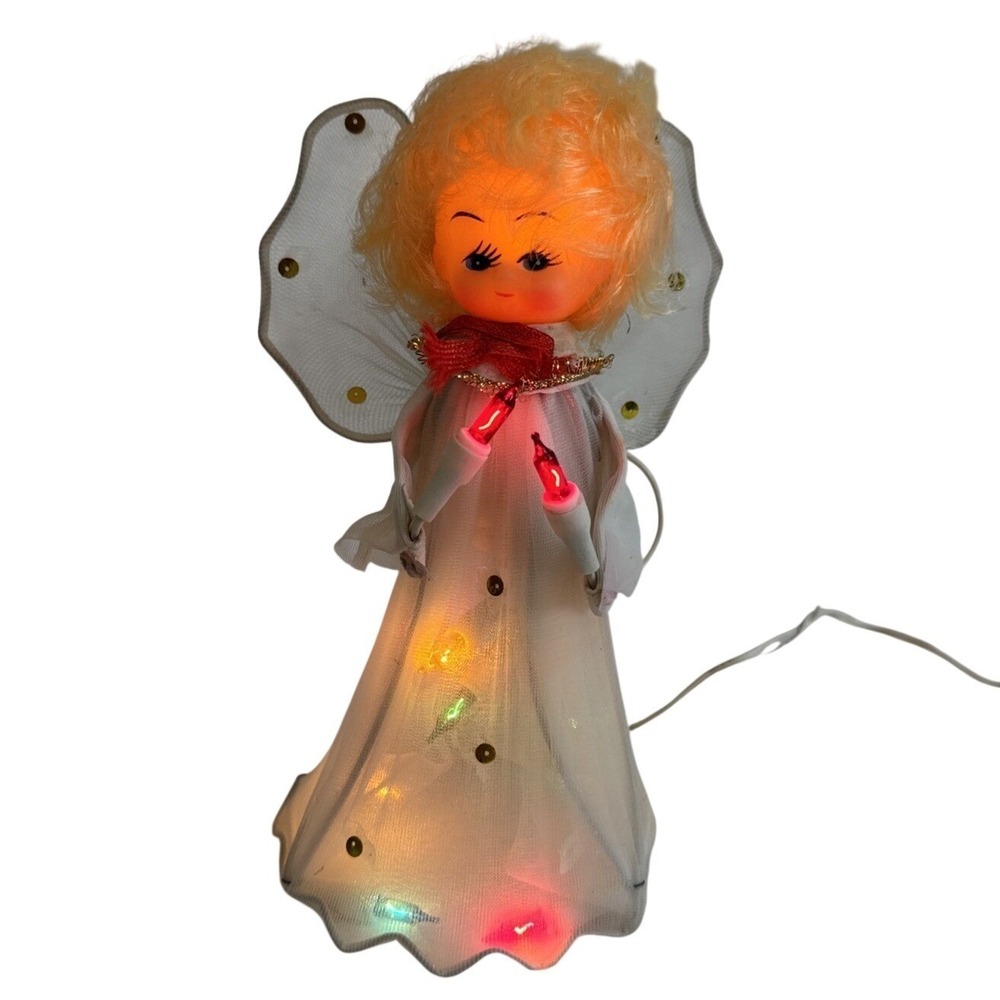 MCM Vintage Doll Face Lighted Angel 8 Inch Christmas Tree Topper Retro Kitsch